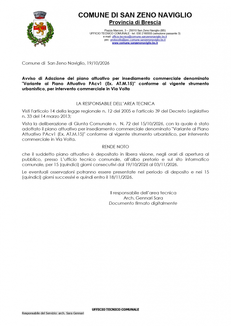  Avviso di Adozione del piano attuativo per insediamento commerciale denominato \
